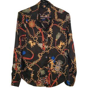 Baroque Chain Print Black Blouse, Women's Small, Haute Monde Made in Vietnam